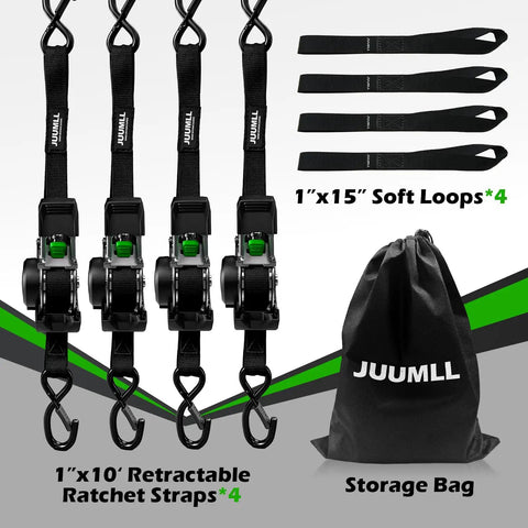 Hella Tough No Hassle Auto Retract Tie Down Straps Heavy Duty Retractable Ratchet Cargo Belt 1 Inch By 10 Feet 4 Pack with hooks and soft loops.