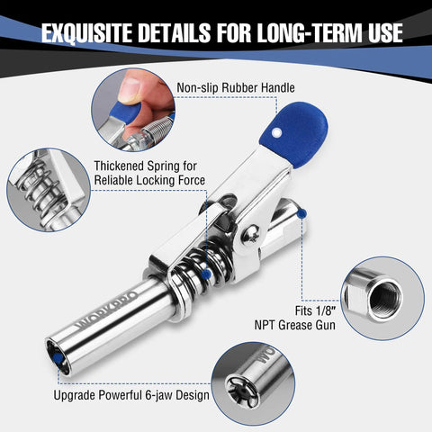Beefed Up Quick Release Grease Gun Coupler Set With 2 Couplers 2 Grease Needles And 2 12 Inch Hoses 10000 PSI Locking Seal For Zerk 1 Eighth NPT Fittings Heavy Duty showing features