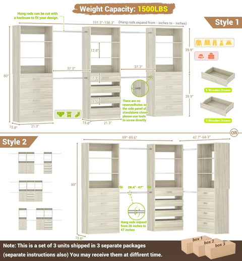 Heavy Duty Wooden Closet System With Twelve Drawers Four Hanging Rods And Two Tall Towers For Maximum Garment Shoe And Bag Storage setup illustration, dimensions and components.
