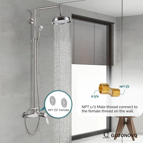 Exposed Shower Fixture System With 8 Inch Round Rainfall Shower Head Single Handle Dual Function Faucet Dope Brushed Nickel Finish