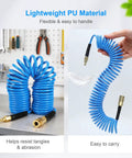 Hella Flexible Polyurethane Recoil Air Hose With Built In Bend Restrictor And Snappy Brass Quick Connect Couplers displayed on a workbench.