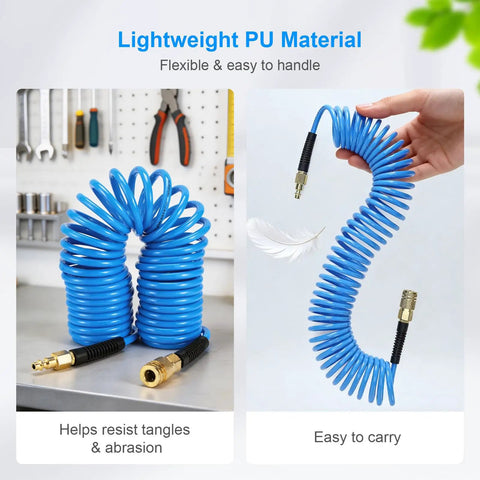 Hella Flexible Polyurethane Recoil Air Hose With Built In Bend Restrictor And Snappy Brass Quick Connect Couplers displayed on a workbench.