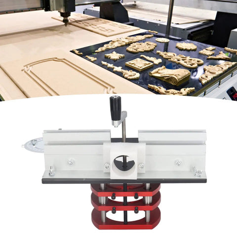 All In One Router System With Top Plate And Lifting Base For Woodworking Tables Ready For Slotting Trimming Chamfering And Engraving Projects shown with engravings on wood surface