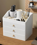 Beige White Vegan Leather Office Organizer With Three Drawers And Tray, Perfume And Jewelry Storage, Gold Tone Metal Knob Accent