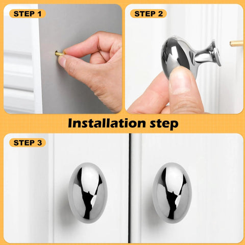 Installation steps for Oval Shape Polished Nickel Cabinet Drawer Knobs Set, Solid Brass Dresser Drawer Pulls shown on doors