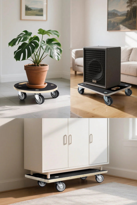 Total 1100 Pound Capacity Heavy Duty Moving Dollies two pack with 3 inch TPR silent wheels transporting a potted plant, speaker, and cabinet