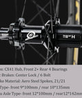 Close-up of Anniversary Edition 50mm Carbon Wheelset hub, center lock, QR, aero steel spokes for road bikes disc brakes.