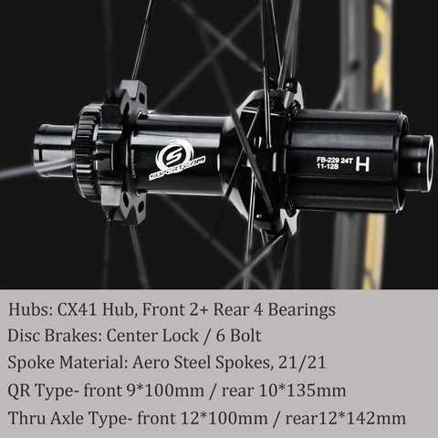 Close-up of Anniversary Edition 50mm Carbon Wheelset hub, center lock, QR, aero steel spokes for road bikes disc brakes.