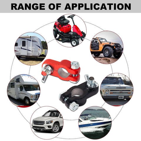 Color Coded Battery Terminal Clamps With Quick Release Connectors And Anti Corrosion Felt Washers For RVs Cars Trucks Boats Caravans Durable Lead Construction For Strong Conductivity And Voltage Drop Includes Nuts And Screws For Easy Mounting 1 Pair shown with application range
