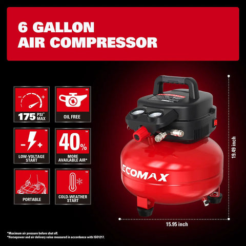Oil Free 6 Gallon Pancake Air Compressor, 175 PSI Portable Little Powerhouse With 10 Piece Accessory Kit, Lightweight, Quiet