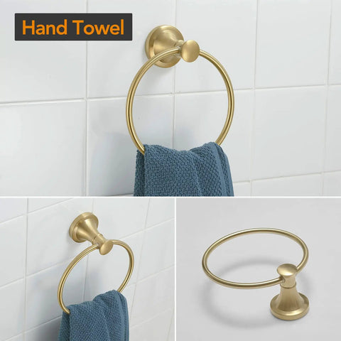 Brushed Gold 4 Piece Bathroom Hardware Set For Walls With Towel Ring featuring rustproof stainless steel and zinc alloy.
