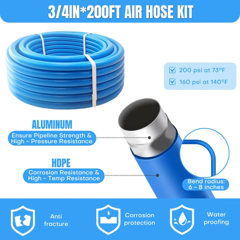 All In One Complete Three Quarter Inch Shop Air Line Kit With 200 Foot HDPE Tubing And Aluminum Rapid Air System coiled