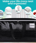Extra Large Moving Bags With Zipper And Handles, 125L Capacity, ideal for storing clothing, with visuals of clothes and bag zipper