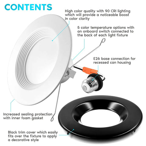 5/6 Inch LED Recessed Downlight Dimmable Retrofit with 1100 Lumen Output, 14W Equal 90W, CCT Switch, black trim shown