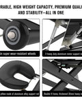 Dolonm Heavy Duty Electric Massage Table With Adjustable Lift And Backrest. Close-up of durable wheels and support rods.