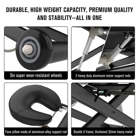 Dolonm Heavy Duty Electric Massage Table With Adjustable Lift And Backrest. Close-up of durable wheels and support rods.
