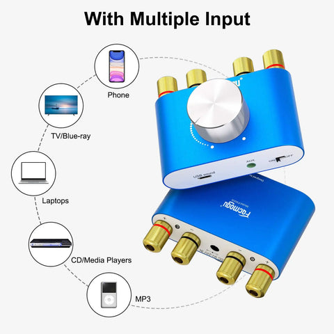 F900S 160W Mini Bluetooth 5.0 Power Amplifier With multiple input options including phone, laptop, and CD player connections.