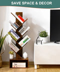 6 Shelf Retro Floor Standing Bookcase In Rustic Brown With Tall Wood Storage Rack For CDs, Movies, And Books, next to TV stand