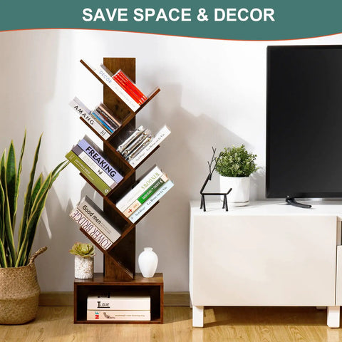 6 Shelf Retro Floor Standing Bookcase In Rustic Brown With Tall Wood Storage Rack For CDs, Movies, And Books, next to TV stand
