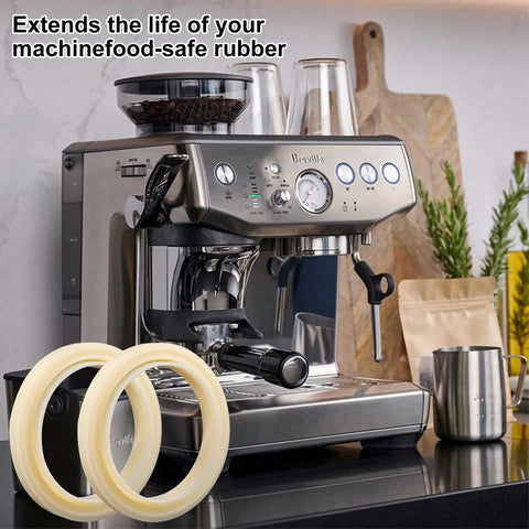 Two Pack 54mm Silicone Steam Ring Gasket Replacement For Espresso Machine Group Head, shown with espresso machine