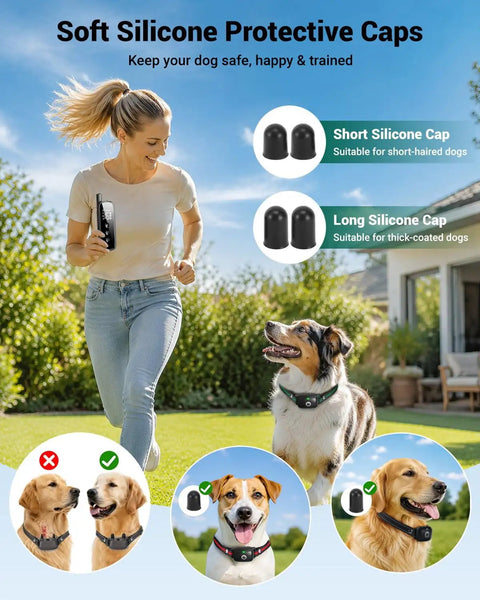 Hella Tough Long Range Dog Training Collar With 2600 Foot Waterproof Remote and Safe Vibration Beep Shock Levels for Your Furry Best Boy. Woman running with dogs, featuring silicone caps.