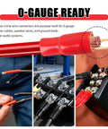 Top Tier 0 Gauge Fork Connectors For Car Audio Power Cables in red, showing crimping for secure connections.