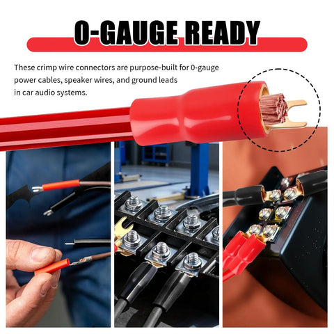 Top Tier 0 Gauge Fork Connectors For Car Audio Power Cables in red, showing crimping for secure connections.