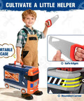 Child holding Ultimate Kids Tool Bench Set with Realistic Drill and Power Saw, featuring portable case and kid-safe tools.