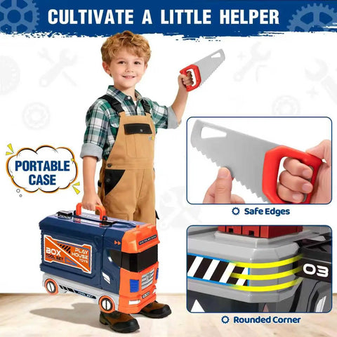 Child holding Ultimate Kids Tool Bench Set with Realistic Drill and Power Saw, featuring portable case and kid-safe tools.