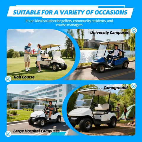 Top Shelf 48Volt 400 Amp Golf Cart Speed Controller Plug And Play Motor Driver Replacement Direct Fit 2016 Plus Star Ev Electric Golf Carts on a golf course and university campus.