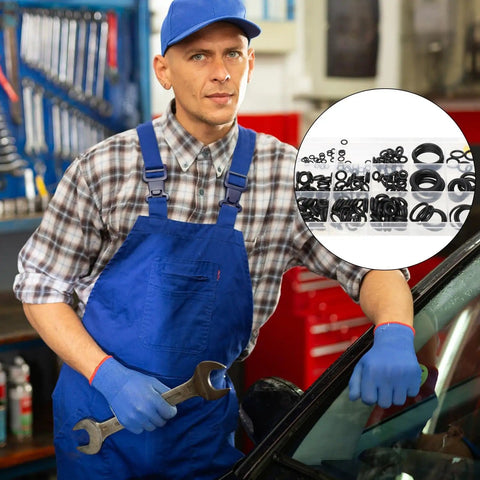 Mechanic holding wrench with O Ring Assortment Kit With 225 Pieces In 18 Sizes Premium Rubber O Rings overlay shown