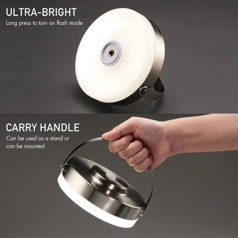 Portable LED Lantern With Built In Rechargeable Battery IP44 Water Resistant for indoor and outdoor use, shown with handle