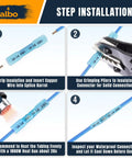 Front view of ALBO blue insulated heat-shrink butt connector for 16–14 AWG wire
Side view showing crimping pliers securing a blue ALBO heat-shrink butt connector
Close-up of heating the blue ALBO heat-shrink butt connector with a heat gun
Installed view of completed blue ALBO heat-shrink butt connector on wire