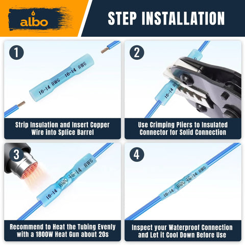 Front view of ALBO blue insulated heat-shrink butt connector for 16–14 AWG wire
Side view showing crimping pliers securing a blue ALBO heat-shrink butt connector
Close-up of heating the blue ALBO heat-shrink butt connector with a heat gun
Installed view of completed blue ALBO heat-shrink butt connector on wire