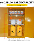 Rock Solid OSHA Compliant Flammable Safety Cabinet With Double Wall Yellow Galvanized Steel built for 60 gallon liquid storage and adjustable shelves.