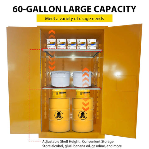 Rock Solid OSHA Compliant Flammable Safety Cabinet With Double Wall Yellow Galvanized Steel built for 60 gallon liquid storage and adjustable shelves.