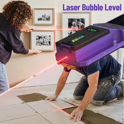 Person using SUNMAY Professional Stud Finder with 7-in-1 Wall Scanner & Laser Level for picture framing and tile alignment.