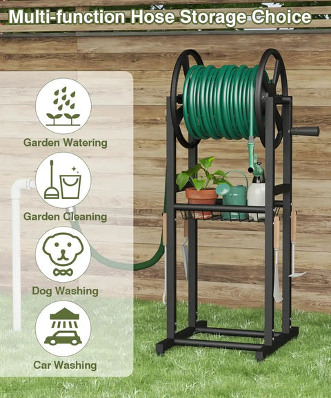 Beefy Freestanding Garden Hose Reel That Holds One Hundred Twenty Five Feet Of Five Eighths Inch Hose with storage and stand.