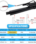 Specifications and diagram of Beefy 24V Heavy Duty Linear Actuator with 30 Inch Stroke, 660 Lb Load, 0.2 In/ Sec Speed, IP65 Waterproof.