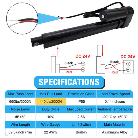 Specifications and diagram of Beefy 24V Heavy Duty Linear Actuator with 30 Inch Stroke, 660 Lb Load, 0.2 In/ Sec Speed, IP65 Waterproof.