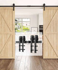 Heavy Duty Double Sliding Barn Door Hardware Kit In Black Carbon Steel For Smooth Quiet Operation Monorail System Easy To Install