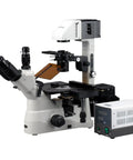 Inverted Microscope With Phase Contrast And Fluorescence 40X To 1200X Magnification Mercury Lamp Illumination Trinocular Head Siedentopf Binocular Mount Plan High Eyepoint Widefield Eyepieces on white background