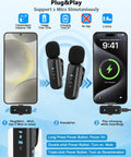All In One Vlogging Kit For iPhone And Android With 63 Inch Auto Face Tracking Tripod Light Wireless Microphone And Scroll Remote, showing two wireless mics and setup instructions on phones.