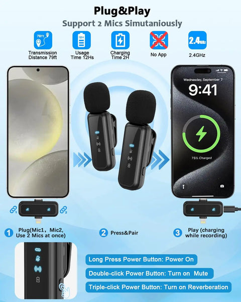 All In One Vlogging Kit For iPhone And Android With 63 Inch Auto Face Tracking Tripod Light Wireless Microphone And Scroll Remote, showing two wireless mics and setup instructions on phones.