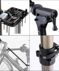 Close-up of Adjustable Bike Work Stand with 360 Degree Rotatable Clamp and height adjustable frame, tool tray visible.