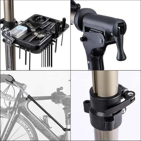 Close-up of Adjustable Bike Work Stand with 360 Degree Rotatable Clamp and height adjustable frame, tool tray visible.