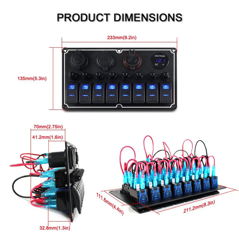 Waterproof 8 Gang Boat Rocker Switch Panel With Dual USB Ports, Voltmeter, Cigarette Lighter Socket And DIY LED Sticker shown with dimensions