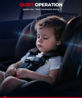 Child in a car seat demonstrating quiet operation for safer rides in comfort. Suitable for attentive driving.