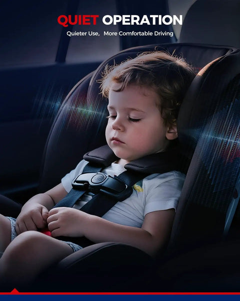 Child in a car seat demonstrating quiet operation for safer rides in comfort. Suitable for attentive driving.
