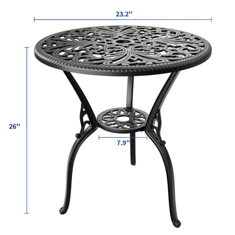 Cast Aluminum Outdoor Side Table With Umbrella Hole For Patio Garden Porch And Balcony Anti Rust Round End Table Small Coffee Table Indoor Or Outdoor Use Retro Black Finish showcasing measurements.